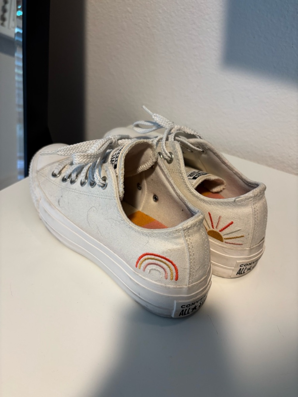 Converse White Canvas Low-Top Sneakers with Rainbow & Sun Embroidery